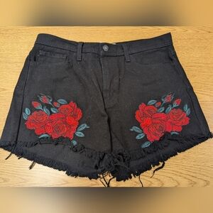 Flying Monkey Black Jean Shorts with Red Rose Embroidery
